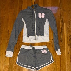 Charlotte Russe Gray and White Hooded Shorts Set with Pink '06'